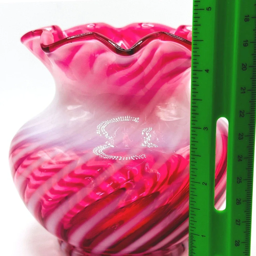 Fenton Vintage Cranberry Opalescent Swirl Art Glass Vase Ruffled Rim Hand Blown